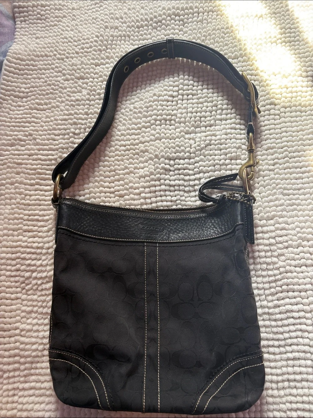 Coach Black Signature Canvas Shoulder Bag with Leather Trim